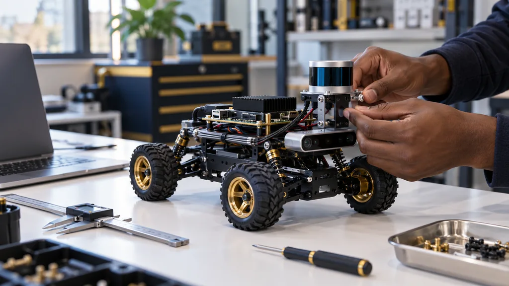 Hands inspecting sensors on a compact test rover at an engineering bench.