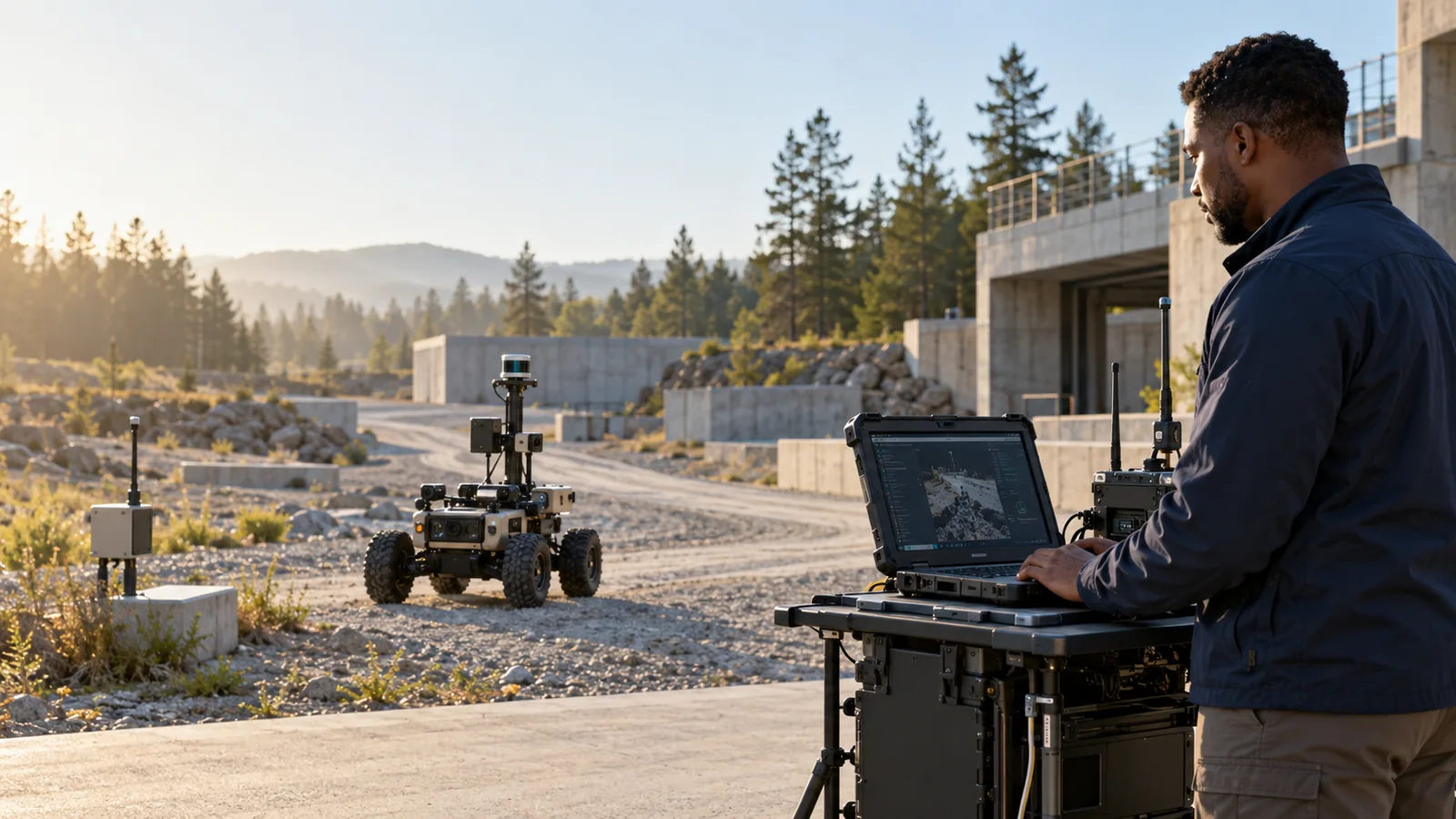 Operator supervising a sensor-equipped ground rover at an illustrative test site.