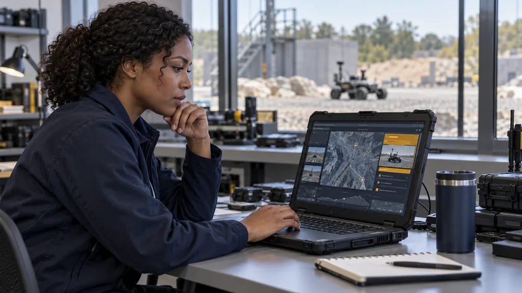Engineer reviewing a pending mission alert on a rugged laptop.